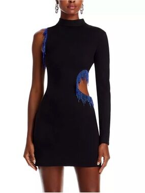 STAUD Mini Kirsten Dress Black Blue Beaded Fringe Size XS